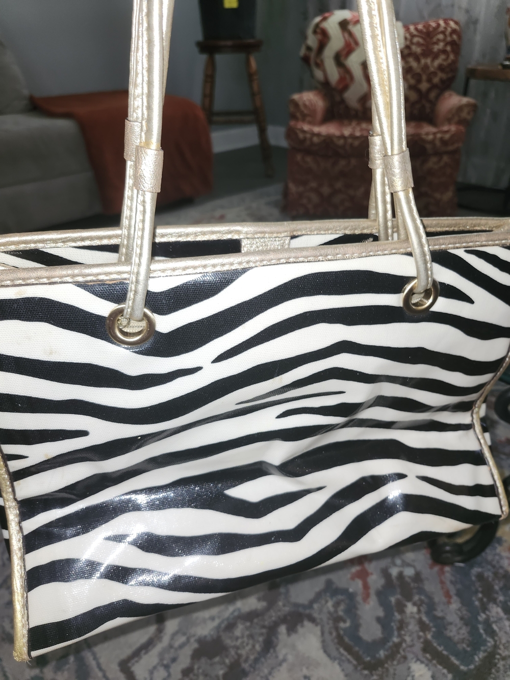 ANTONIO MELANI Black and White Zebra Satchel with Gold Accents - Picture 4 of 4